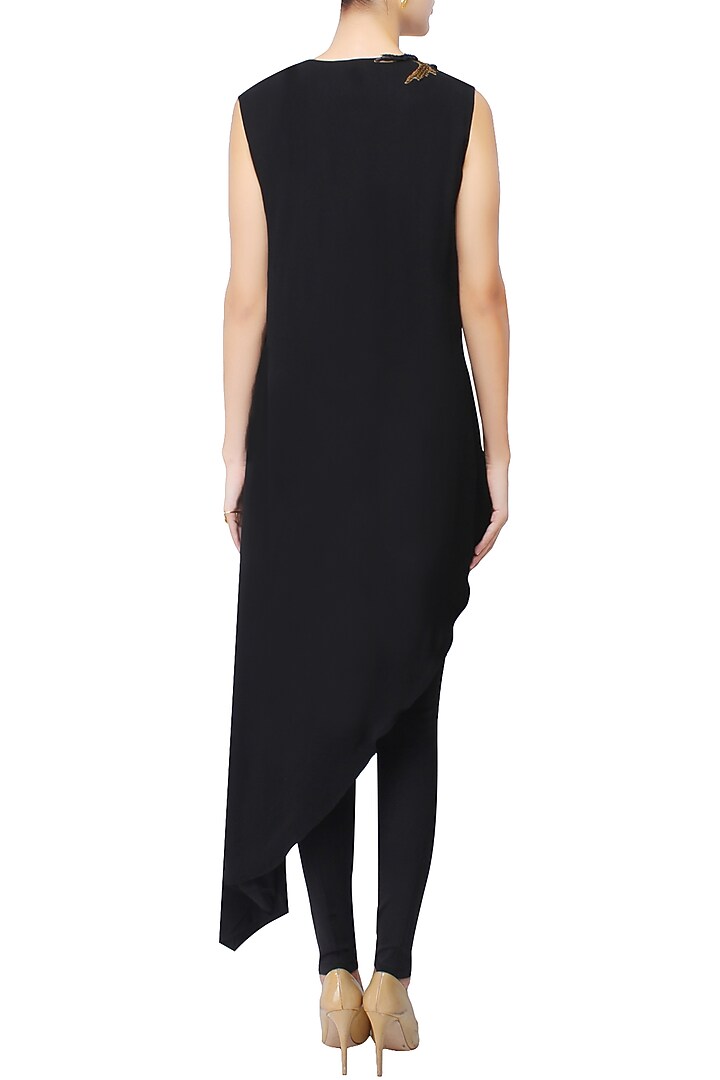 Black leather and gold metallic embroidered asymmetric shirt tunic available only at Pernia's Pop Up Shop.