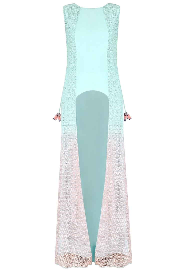 Ice Blue And Peach Crochet Panelled High Low Tunic by Agami by Neha Agarwal