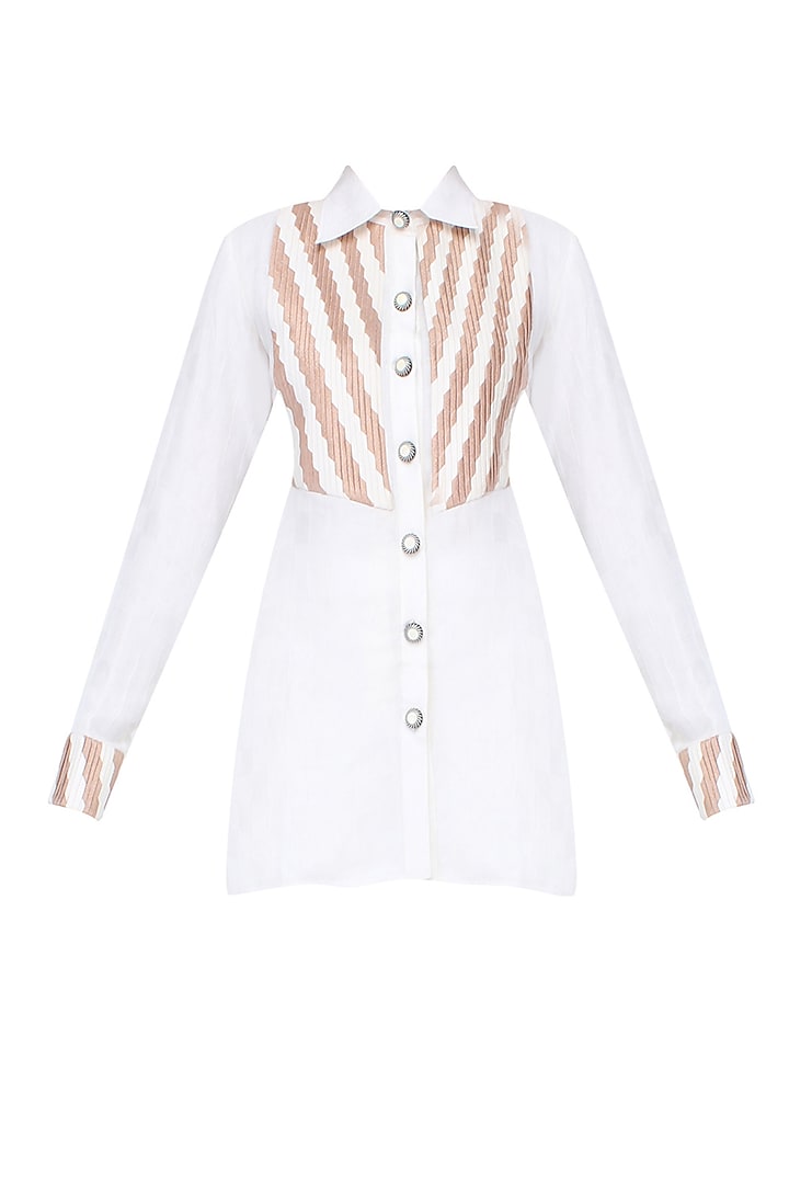 White And Rose Pink Color Blocked Cross Pleated Textured Shirt by Agami by Neha Agarwal