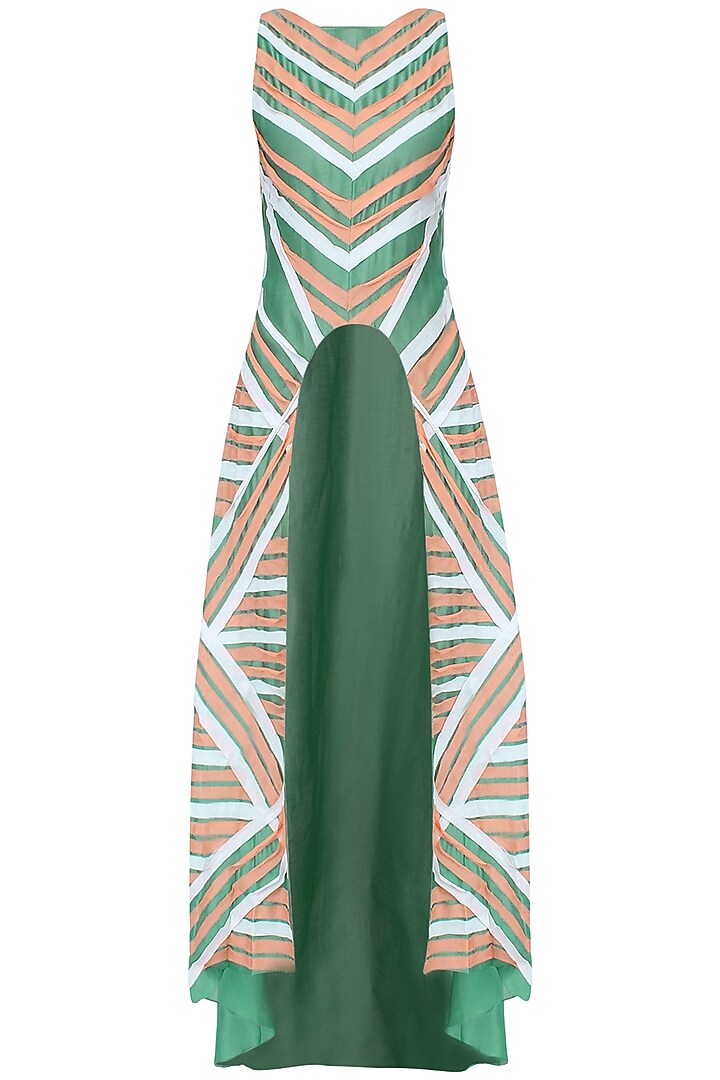 Bottle Green And Peach Striped High Low A-Line Tunic by Agami by Neha Agarwal