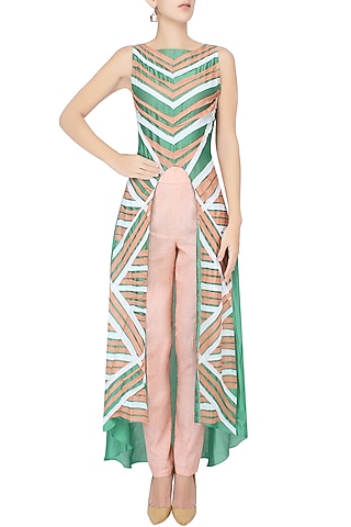 Bottle Green And Peach Striped High Low A-Line Tunic by Agami by Neha Agarwal
