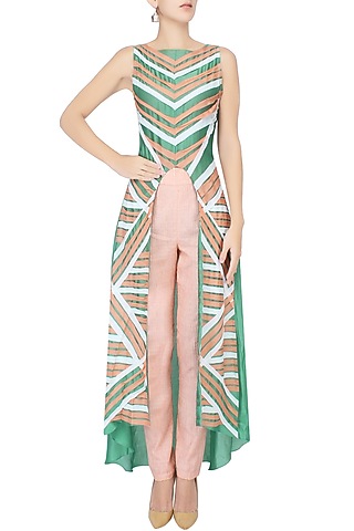 Peach Textured Straight Pants by Agami by Neha Agarwal