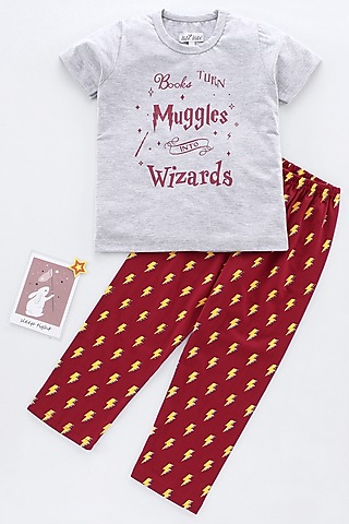 Grey Cotton Knit Printed Night Wear by Nite Flite