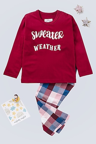 Maroon Cotton Knit Printed Night Wear by Nite Flite