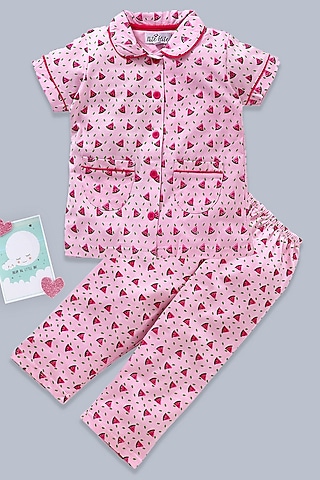Light Pink Cotton Knit Printed Night Wear For Girls by Nite Flite
