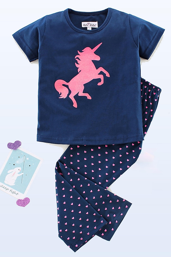 Navy Blue Cotton Printed Night Wear For Girls by Nite Flite