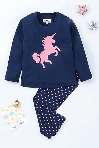 Navy Blue Printed Night Wear For Girls by Nite Flite