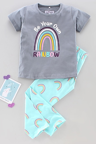 Grey Cotton Knit Printed Night Wear For Girls by Nite Flite