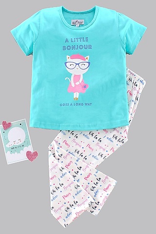 Pink Cotton Knit Printed Night Wear For Girls by Nite Flite
