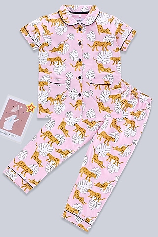 Light Pink Cotton Knit Printed Night Wear For Girls by Nite Flite