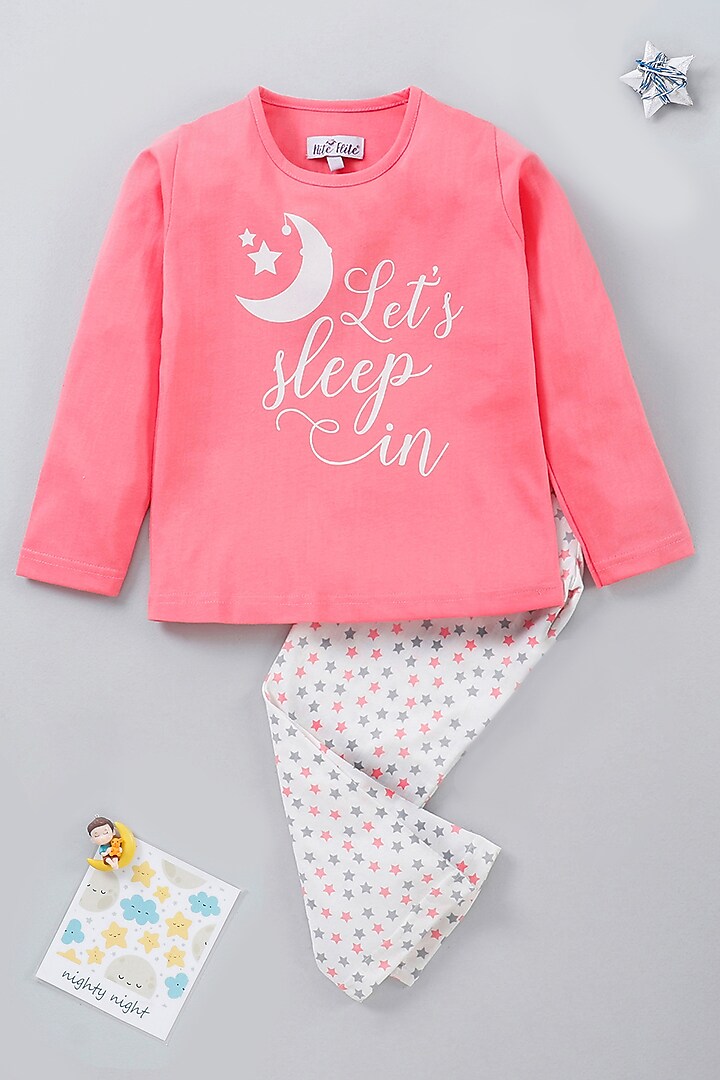 Pink Cotton Knit Printed Night Wear For Girls by Nite Flite