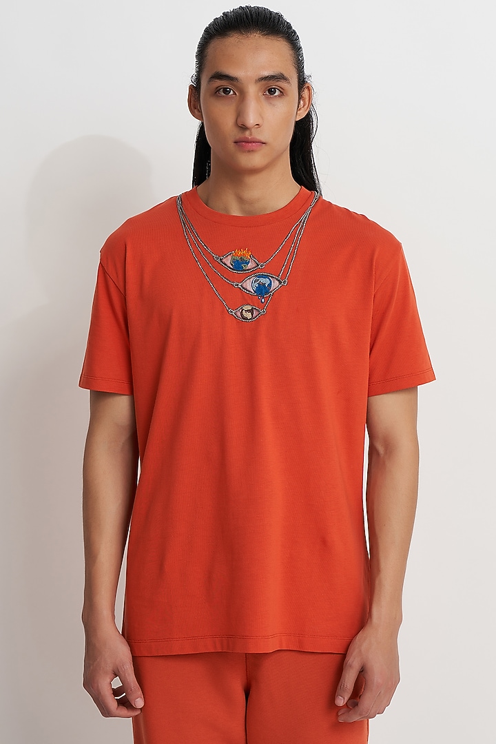 Terracotta Supema Cotton Embroidered T-shirt by No Grey Area at Pernia's Pop Up Shop