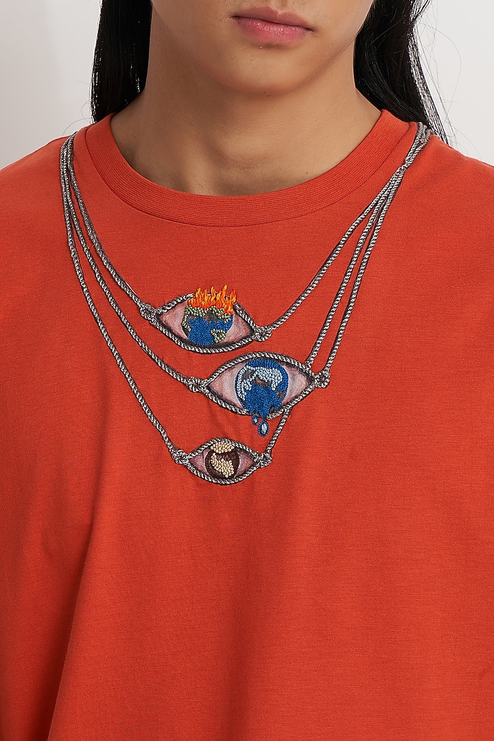 Terracotta Supema Cotton Embroidered T-shirt by No Grey Area at Pernia's Pop Up Shop