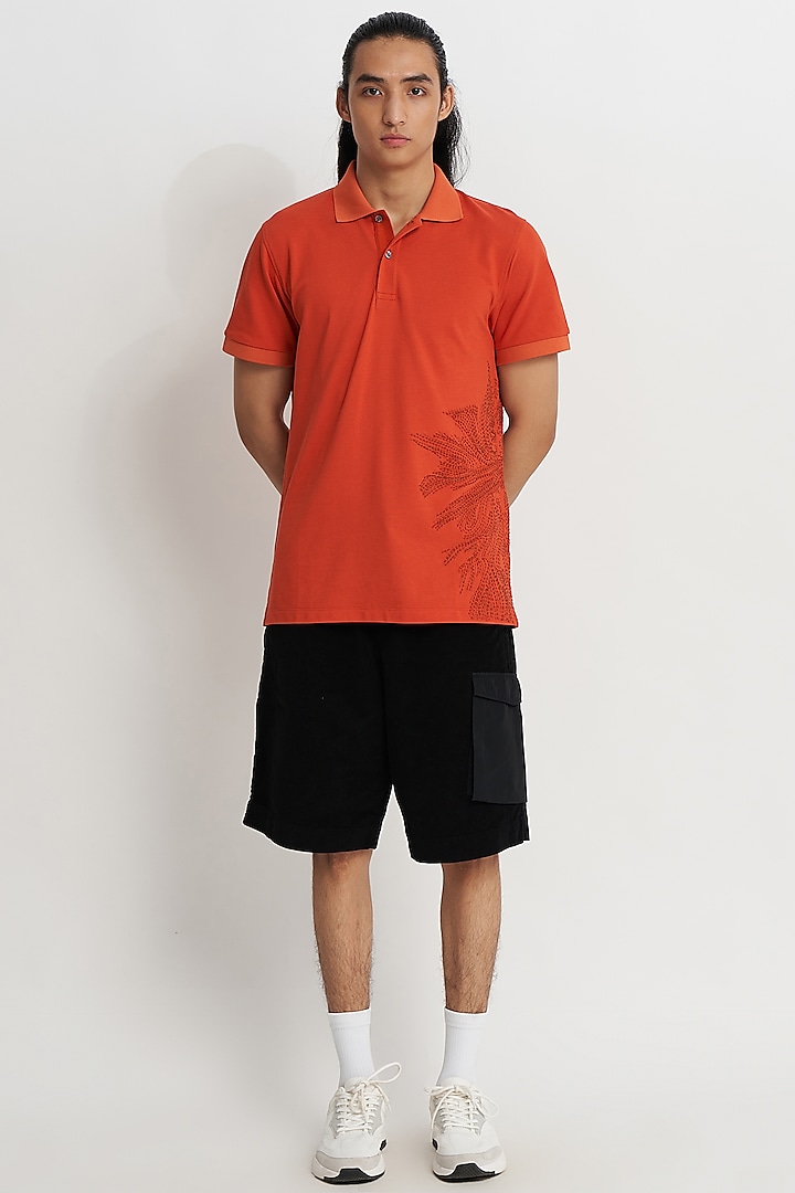 Terracotta Pique Supema Cotton Embroidered Polo T-Shirt by No Grey Area