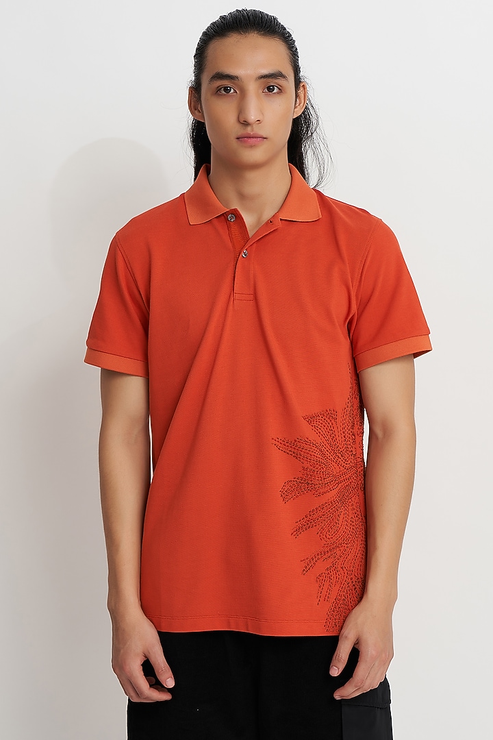 Terracotta Pique Supema Cotton Embroidered Polo T-Shirt by No Grey Area at Pernia's Pop Up Shop