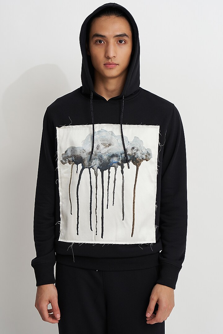 Black French Terry Printed Hoodie by No Grey Area at Pernia's Pop Up Shop