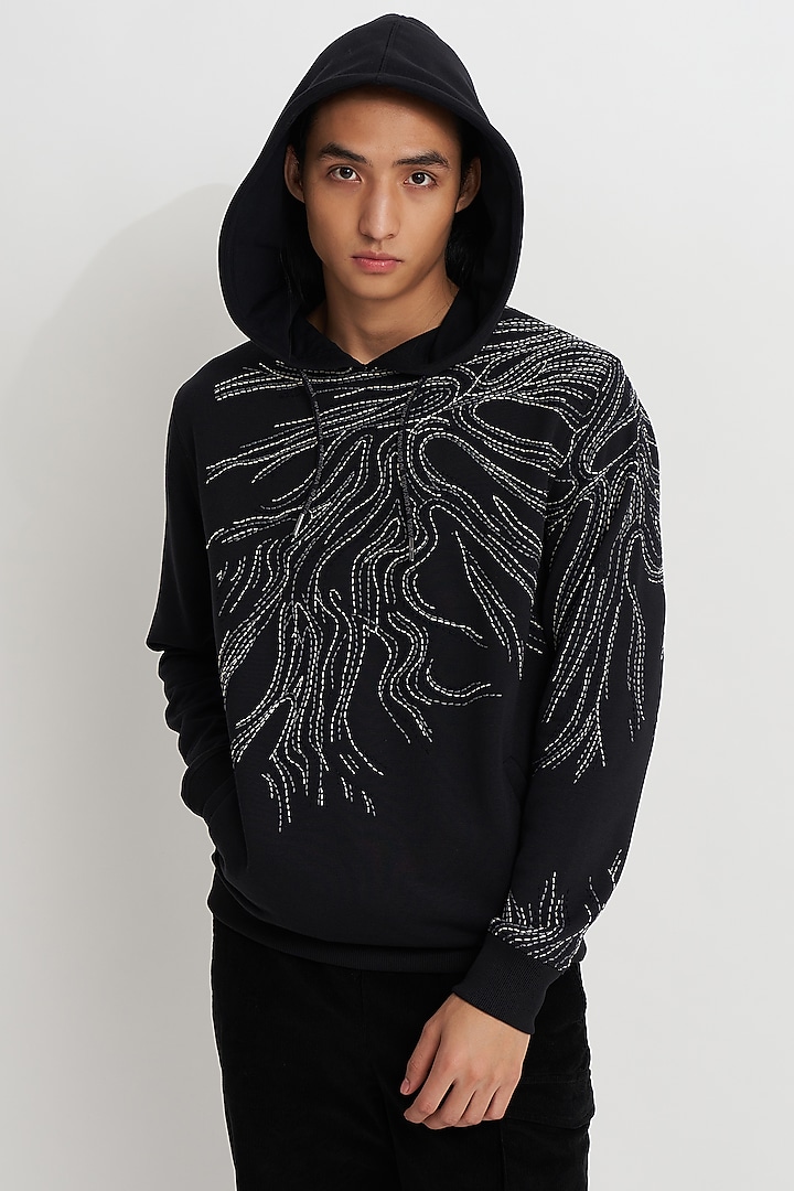 Black French Terry Hand Embroidered Hoodie by No Grey Area at Pernia's Pop Up Shop
