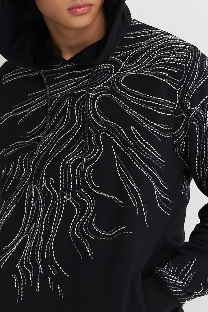 Black French Terry Hand Embroidered Hoodie by No Grey Area at Pernia's Pop Up Shop