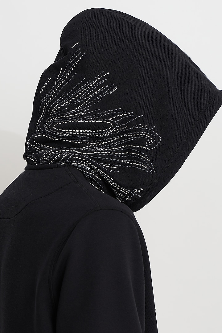 Black French Terry Hand Embroidered Hoodie by No Grey Area at Pernia's Pop Up Shop