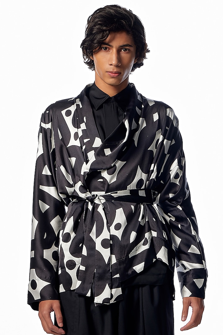 Black Crepe Printed Robe Jacket by No Grey Area