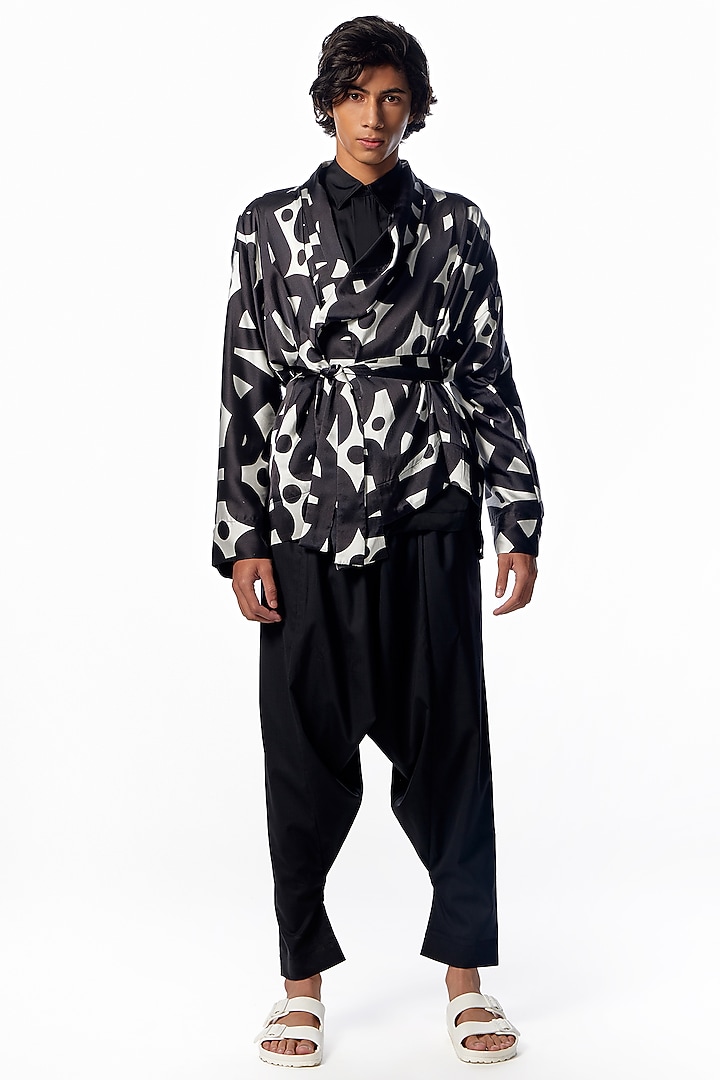 Black Crepe Printed Robe Jacket by No Grey Area at Pernia's Pop Up Shop