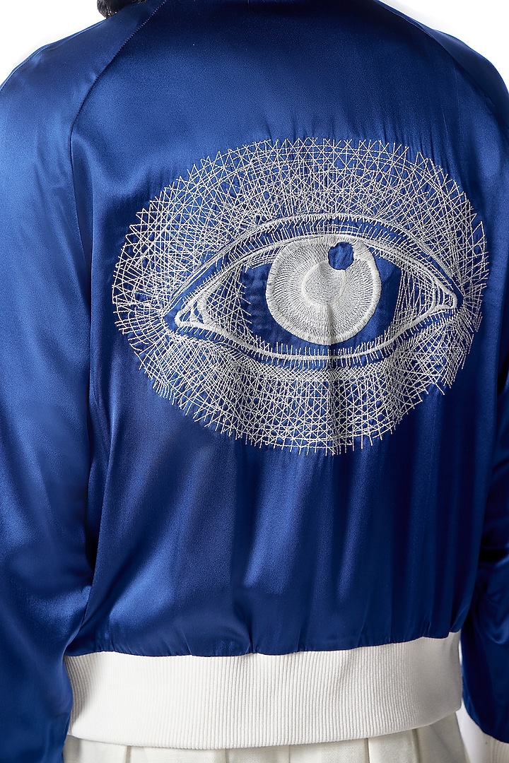 Indigo Silk Embroidered Bomber Jacket by No Grey Area at Pernia's Pop Up Shop
