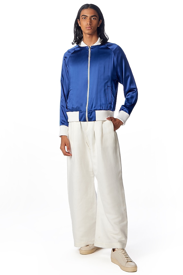 Indigo Silk Embroidered Bomber Jacket by No Grey Area at Pernia's Pop Up Shop