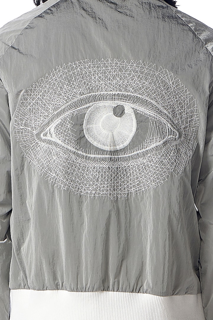 Grey Nylon Embroidered Bomber Jacket by No Grey Area at Pernia's Pop Up Shop