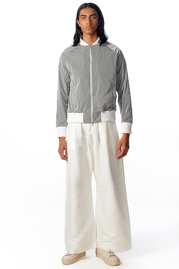 Grey Nylon Embroidered Bomber Jacket by No Grey Area at Pernia's Pop Up Shop