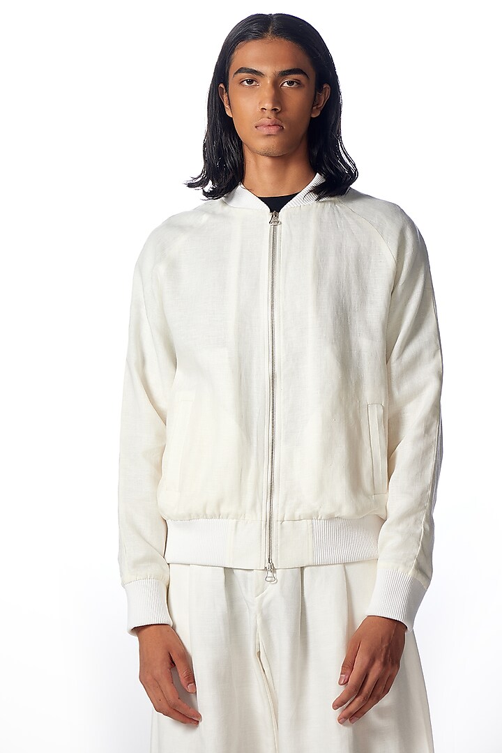 White Linen Embroidered Bomber Jacket by No Grey Area