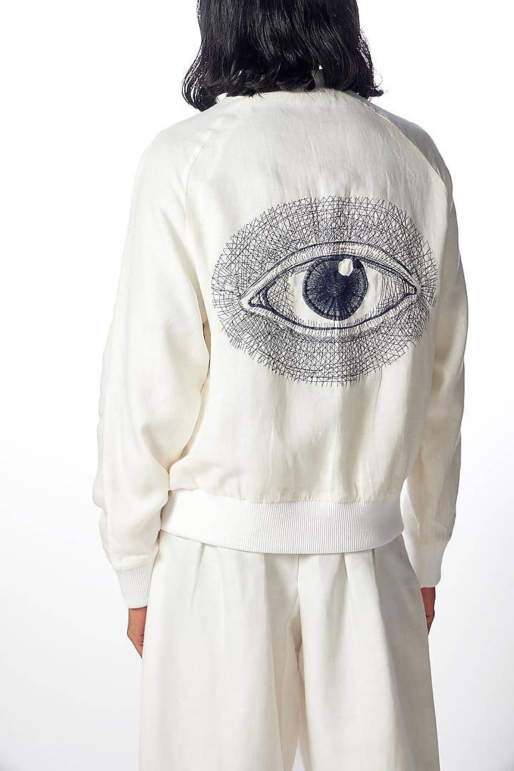 White Linen Embroidered Bomber Jacket by No Grey Area at Pernia's Pop Up Shop