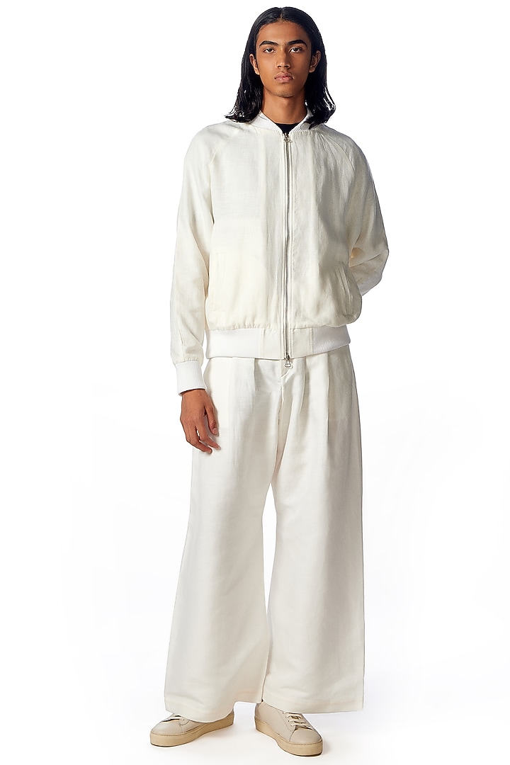 White Linen Embroidered Bomber Jacket by No Grey Area at Pernia's Pop Up Shop