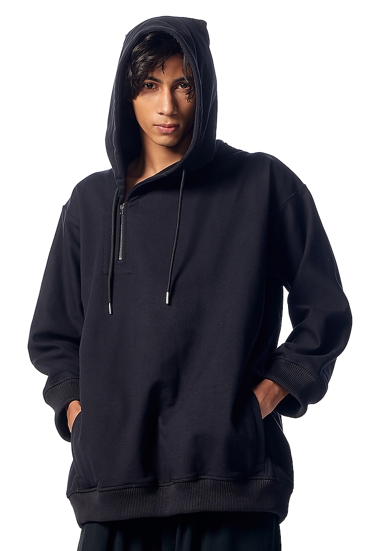 Black Cotton & Polyester Hand Embroidered Hoodie by No Grey Area