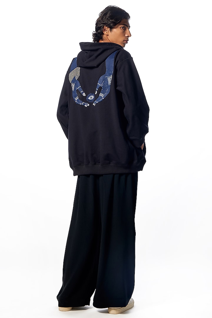 Black Cotton & Polyester Hand Embroidered Hoodie by No Grey Area at Pernia's Pop Up Shop