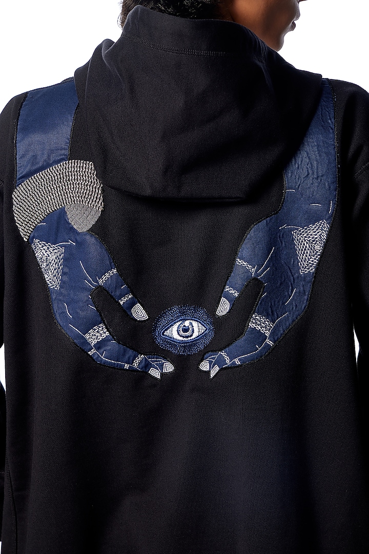Black Cotton & Polyester Hand Embroidered Hoodie by No Grey Area at Pernia's Pop Up Shop