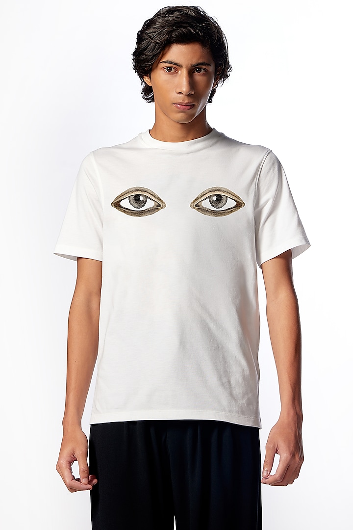 White Supima Cotton Printed T-Shirt by No Grey Area