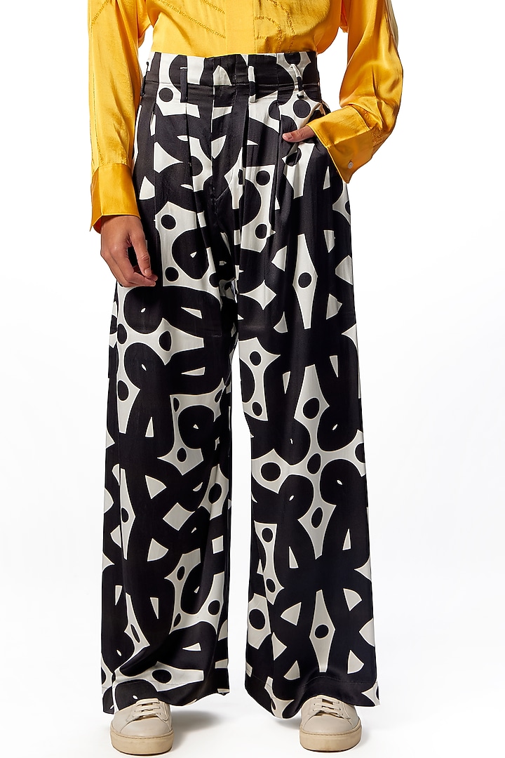 Black Silk Printed High-Waisted Trousers by No Grey Area at Pernia's Pop Up Shop