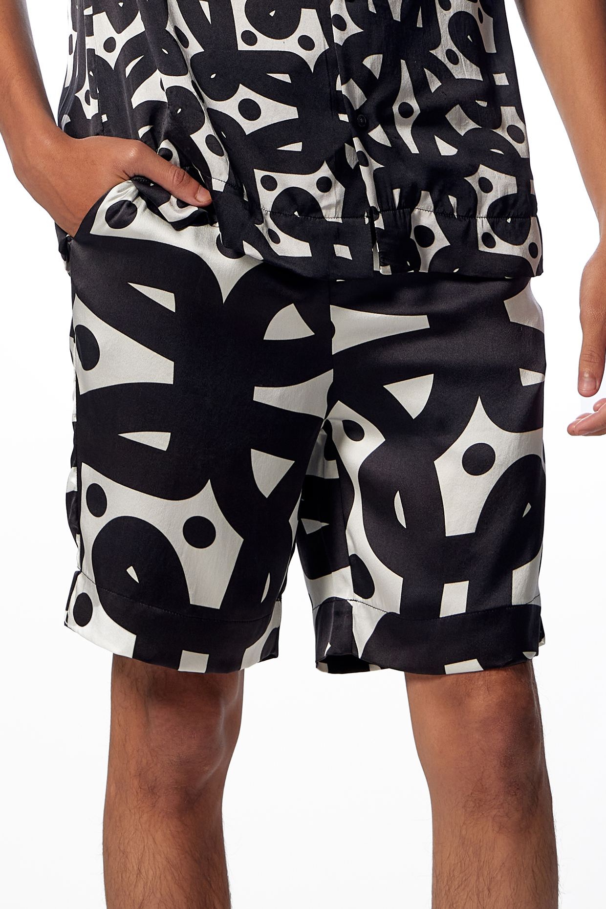 Black & White Silk Printed Shorts by No Grey Area