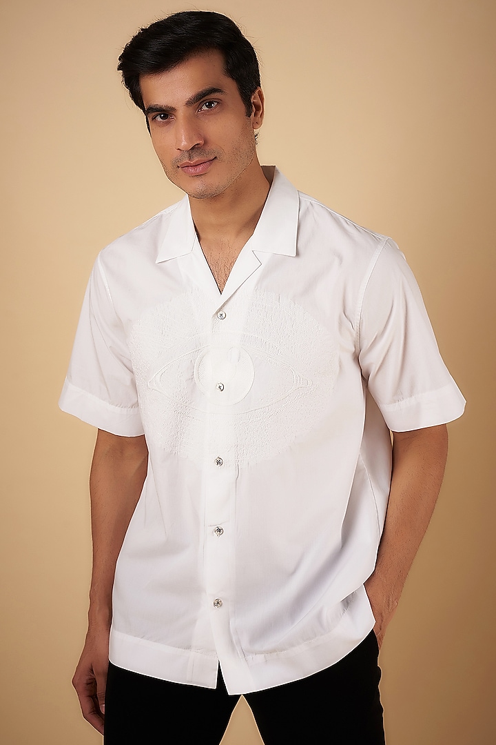 White Cotton Motif Embroidered Shirt by No Grey Area