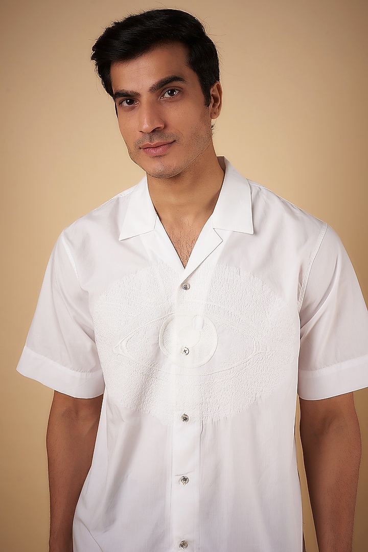 White Cotton Motif Embroidered Party Wear Shirt by No Grey Area at Pernia's Pop Up Shop