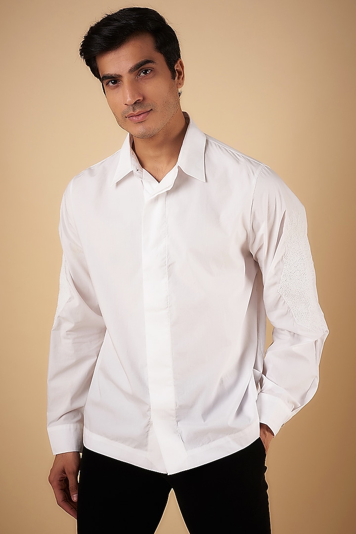White Cotton Embroidered Shirt by No Grey Area