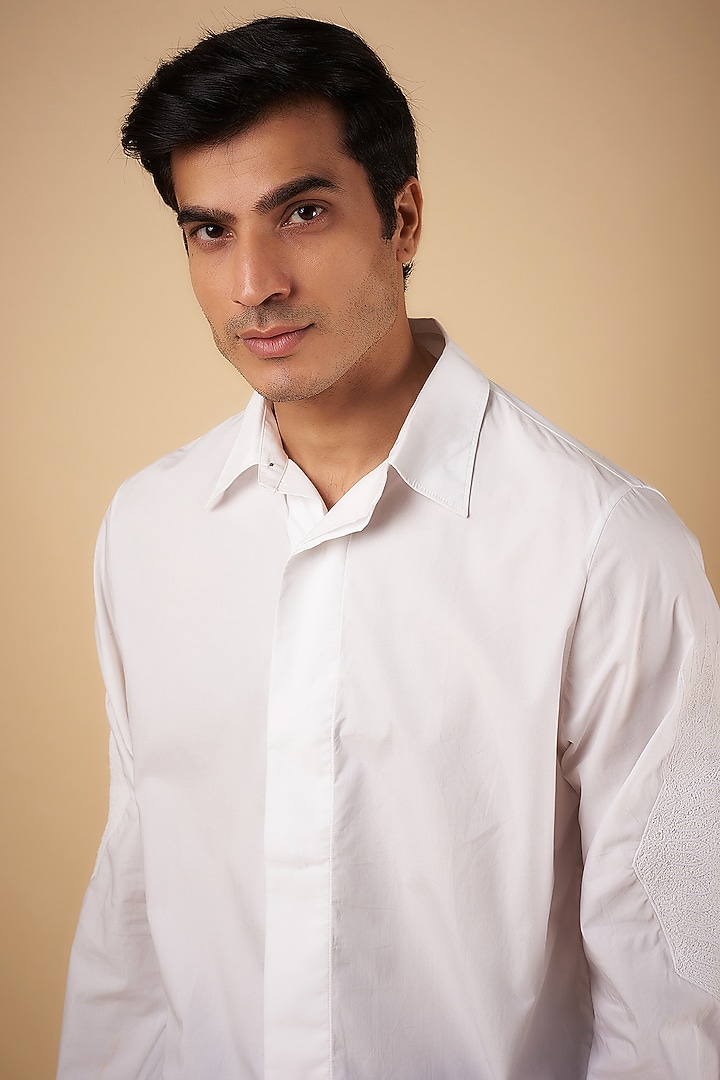 White Cotton Embroidered Party Wear Shirt by No Grey Area at Pernia's Pop Up Shop