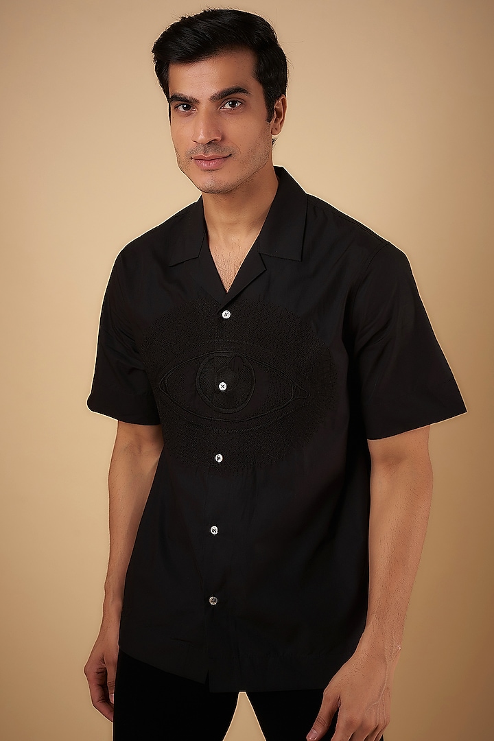 Black Cotton Embroidered Shirt by No Grey Area