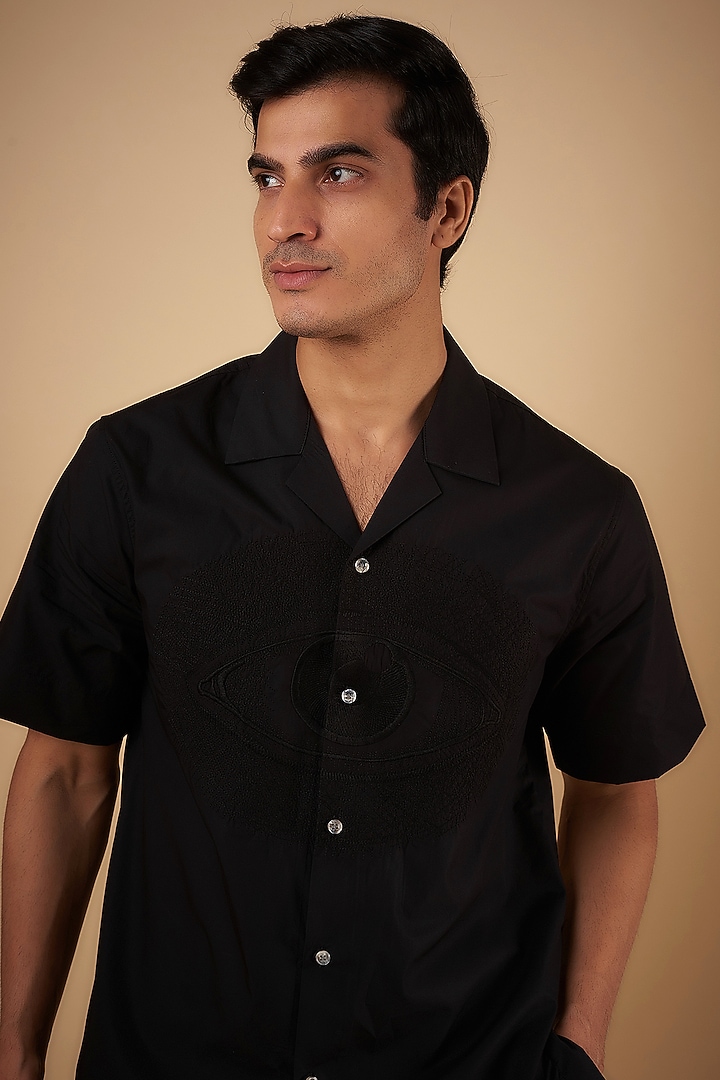 Black Cotton Embroidered Party Wear Shirt by No Grey Area at Pernia's Pop Up Shop