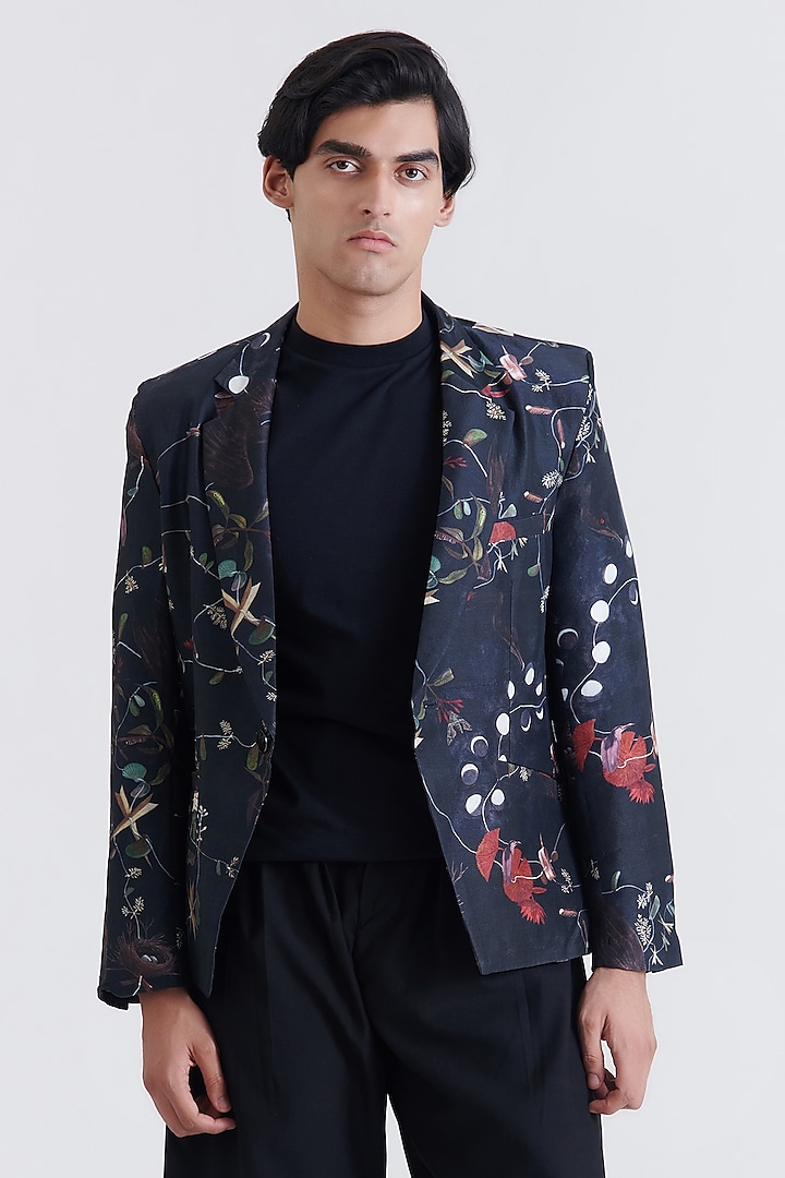 Black Silk Suiting Floral Blazer by No Grey Area