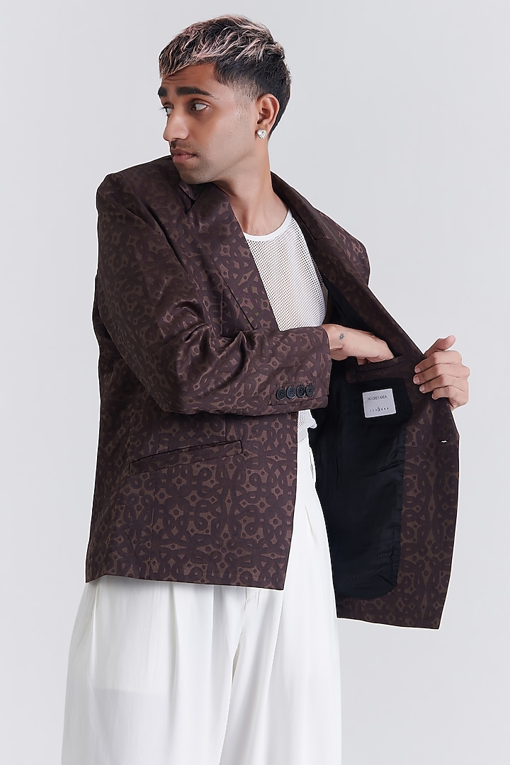 Brown Silk Suiting Block Printed Blazer by No Grey Area