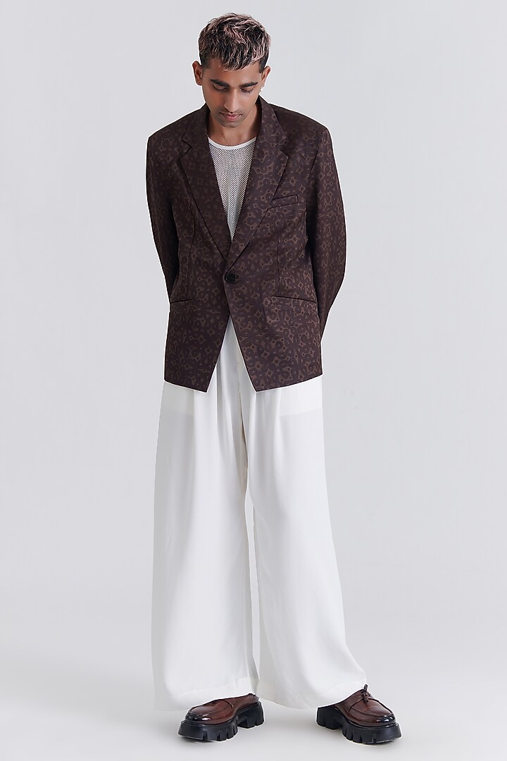 Brown Silk Suiting Block Printed Blazer by No Grey Area at Pernia's Pop Up Shop