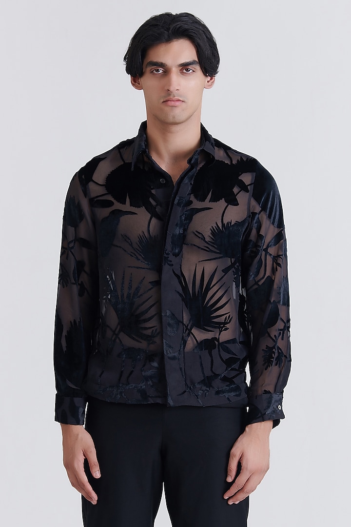 Black Velvet Jacquard Flora & Fauna Shirt by No Grey Area at Pernia's Pop Up Shop