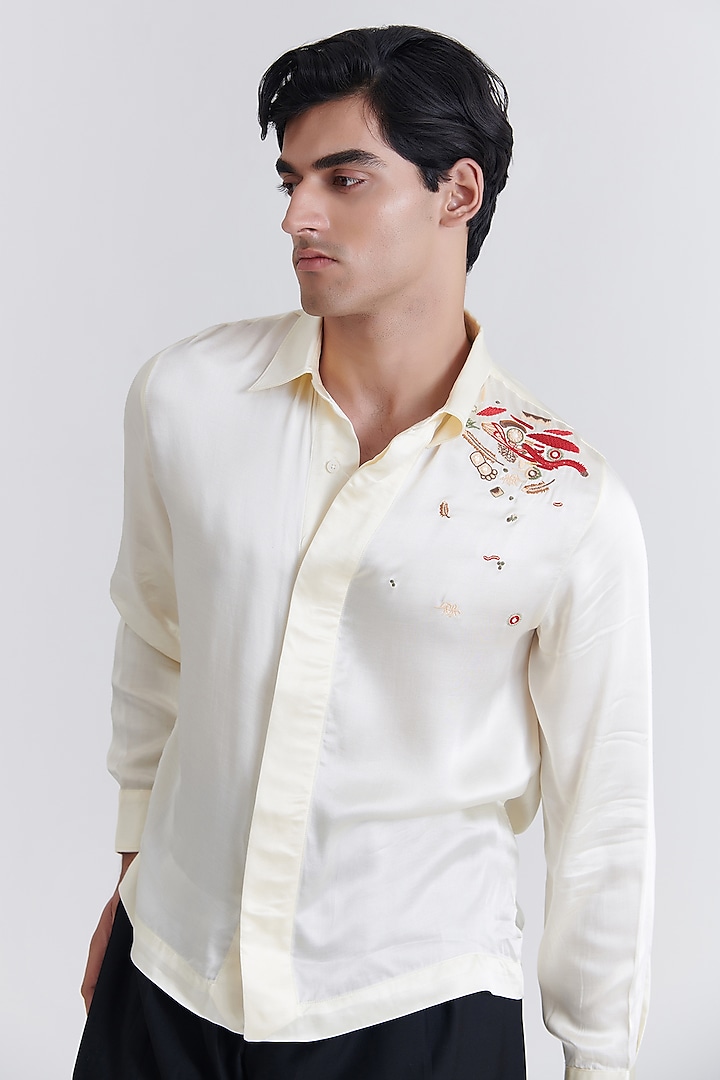 Off-White Silk Satin Embroidered Shirt by No Grey Area