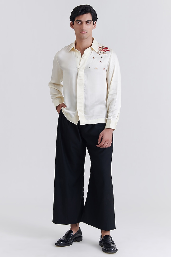 Off-White Silk Satin Embroidered Party Wear Shirt by No Grey Area at Pernia's Pop Up Shop